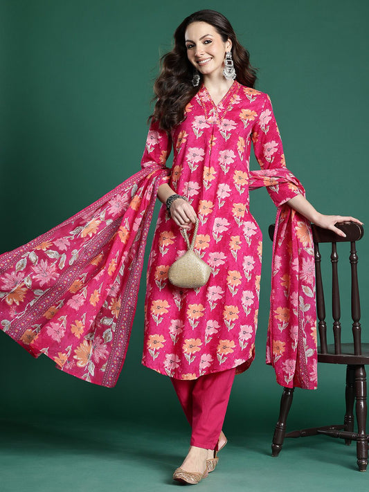 Floral Printed Pure Cotton Kurta with Trousers & Dupatta