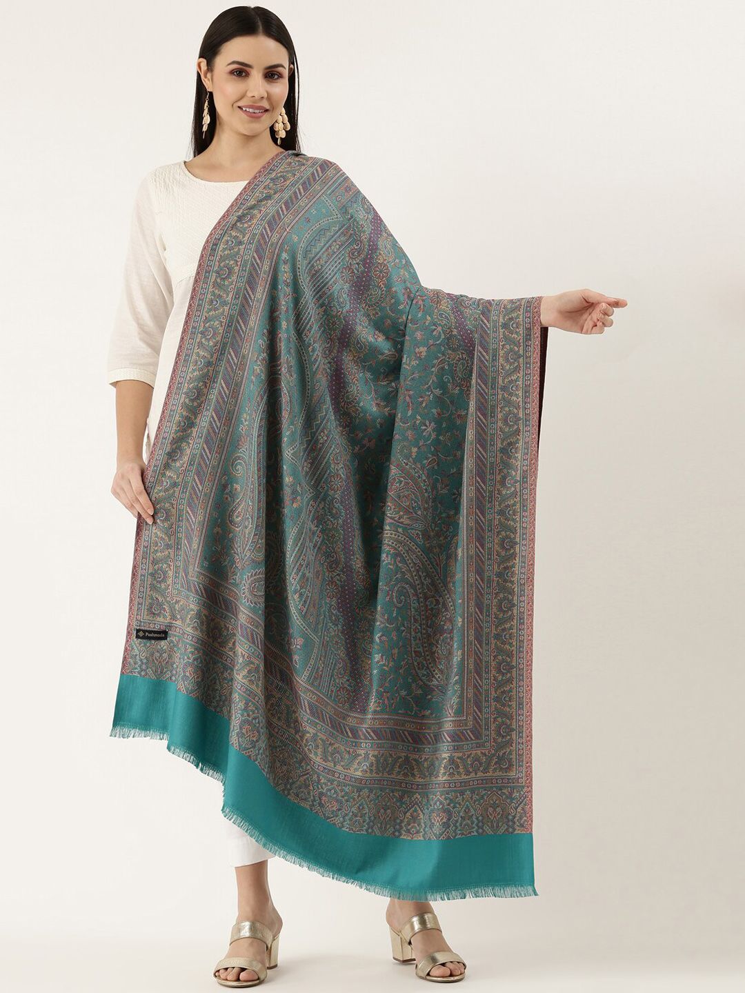 Dhiyona PA Women Teal Woven Design Wool Jamawar Shawl