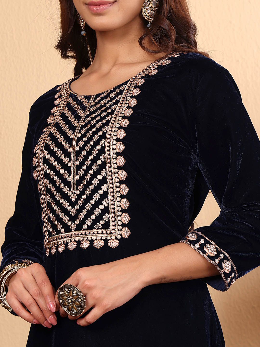 Dhiyona VA Women'sNavy Blue Floral Yoke Design Sequinned Velvet Kurta with Trousers & Dupatta