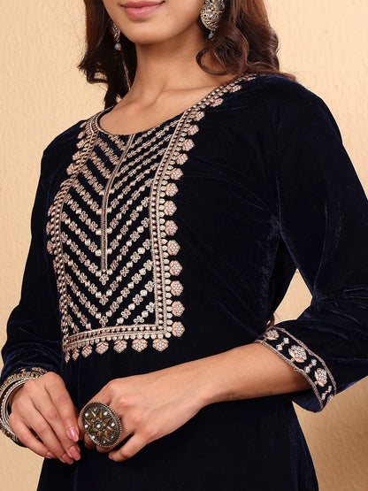 Dhiyona VA Women'sNavy Blue Floral Yoke Design Sequinned Velvet Kurta with Trousers & Dupatta