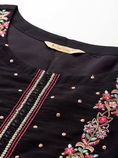 Dhiyona IE Plus Size Floral Embroidered Sequinned Kurta with Trousers & Dupatta