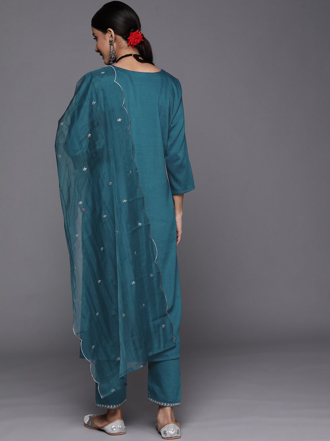 Dhiyona VA Women's Teal Ethnic Motifs Embroidered Sequinned Kurta with Trousers & With Dupatta