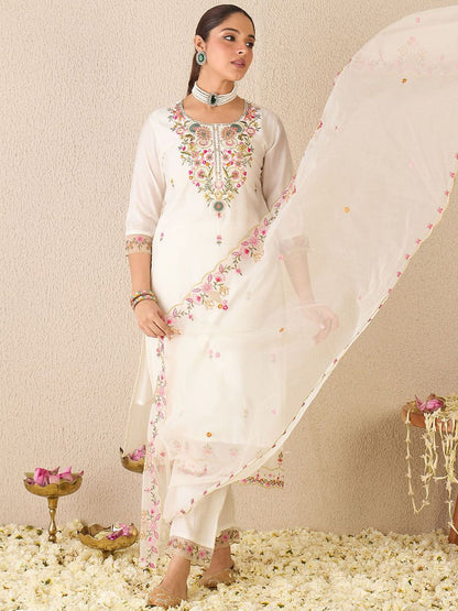 Floral Embroidered Round Neck Kurta With Trousers & Dupatta