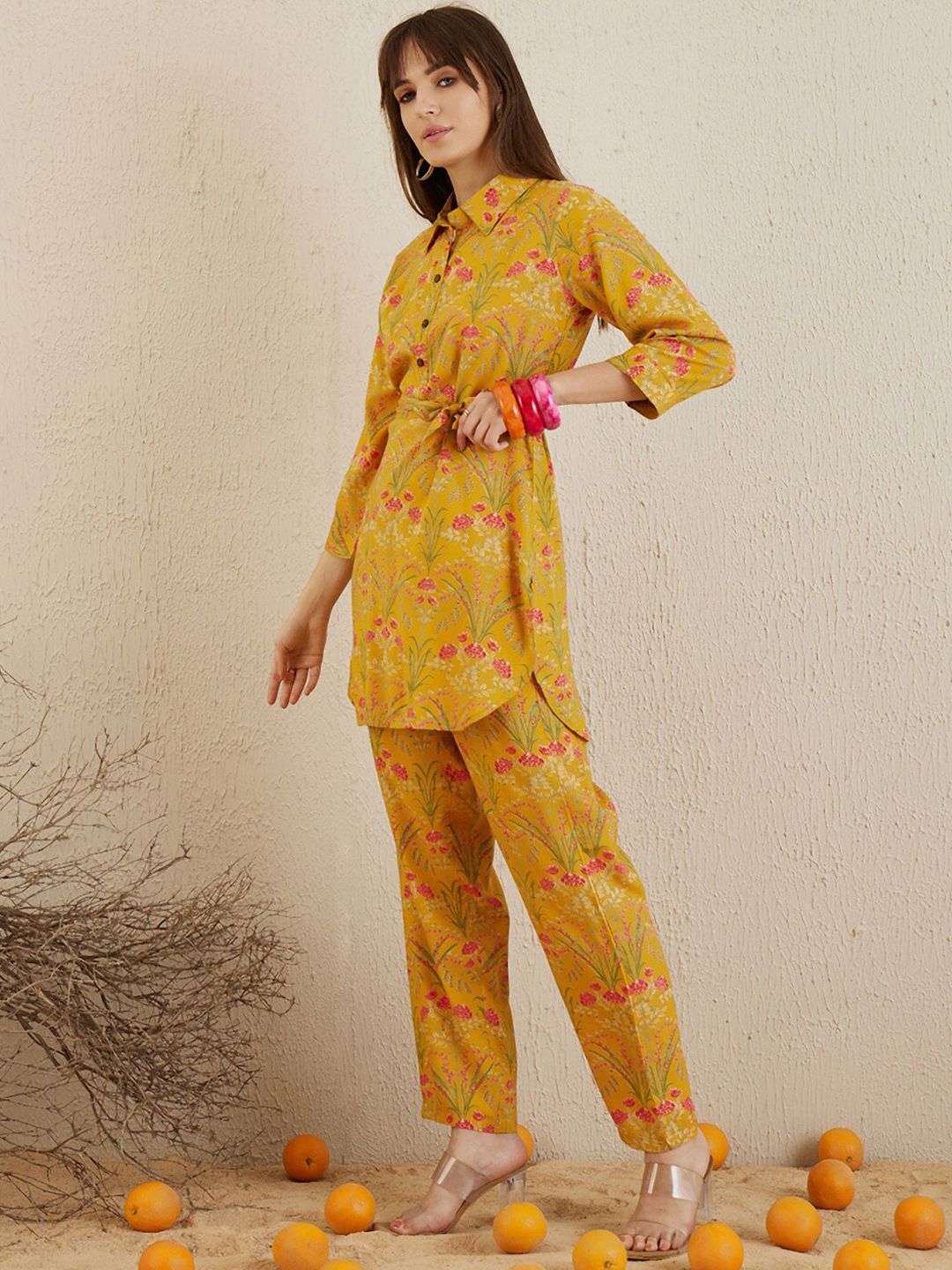 Dhiyona IE Floral Printed Shirt Collar Tunic With Trousers