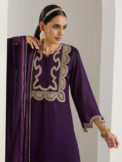 Dhiyona IS Women's Purple Ethnic Motifs Embroidered Chinon Straight Kurta With Sharara & Dupatta