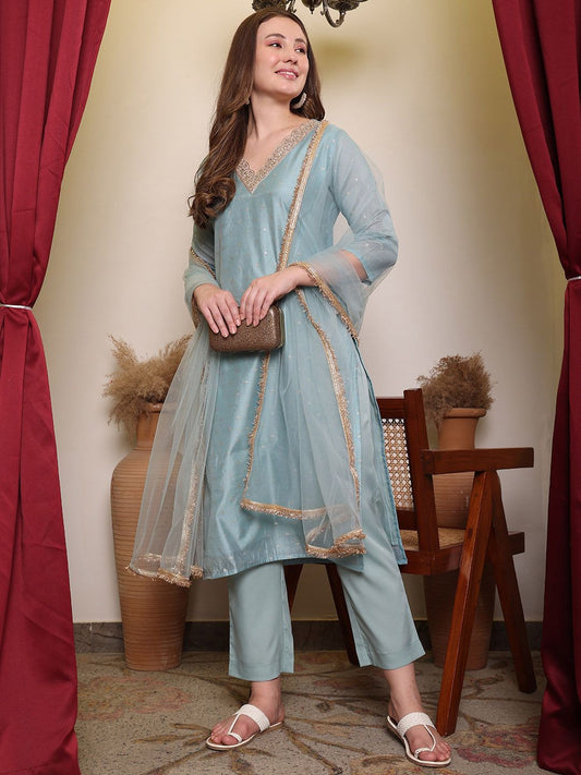 Dhiyona PD Women Woven Design Round Neck Three-Quarter Sleeves Chanderi Cotton Kurta Set