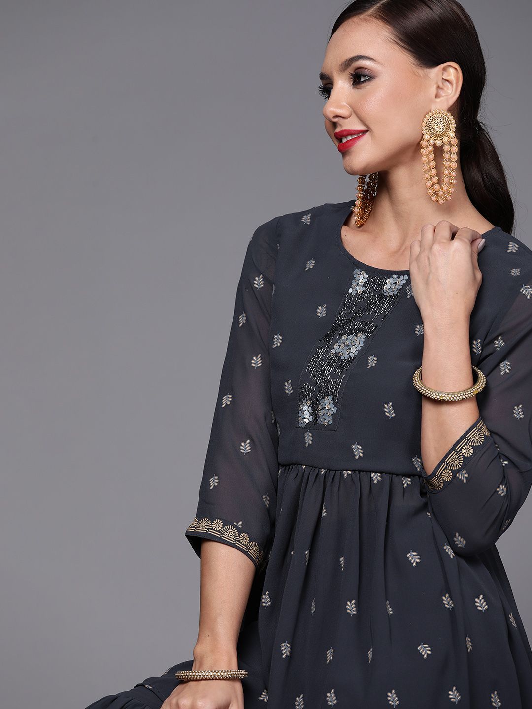 Women Navy Blue Printed Pleated Beads and Stones Kurta with Sharara