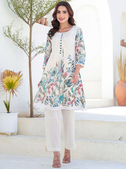 Floral Printed A-Line Pure Cotton Kurta With Trousers