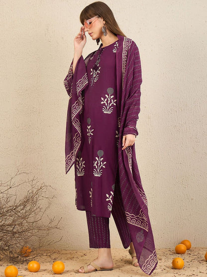 Dhiyona IE Floral Printed Tie-Up Neck Pure Cotton Straight Kurta With Trousers & Dupatta