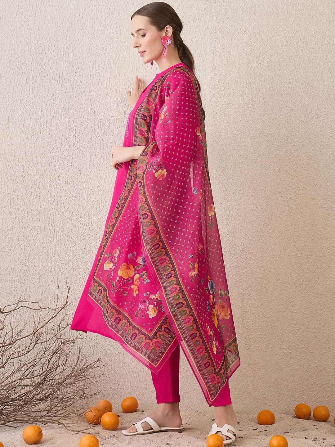 Dhiyona IE Floral Yoke Design Notch Neck Thread Work Straight Kurta With Trousers & Dupatta