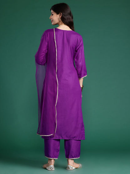 Dhiyona IE Ethnic Motifs Embroidered Regular Liva Kurta with Trousers & Dupatta