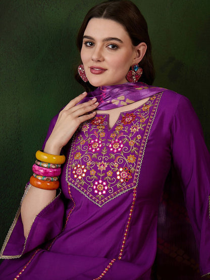 Dhiyona SN Women's Purple Floral Embroidered Mirror Work A-Line Kurta With Trouser And Dupatta