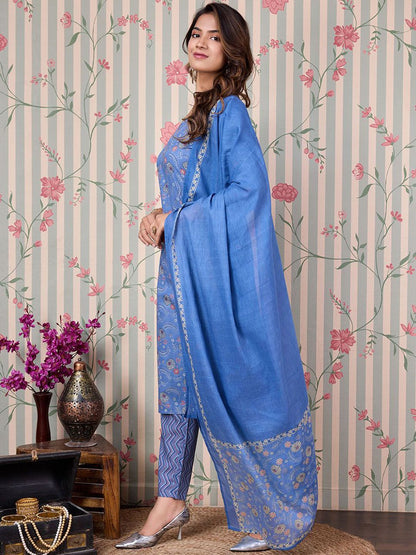 Dhiyona OD  Floral Printed Regular Pure Cotton Kurta with Trousers & Dupatta