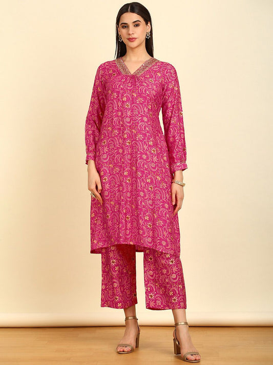 Dhiyona SO Women's Floral Printed Regular Sequinned Kurta with Palazzos