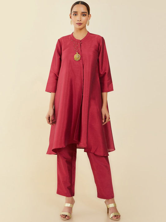 Dhiyona SO Women's Women Maroon Embellished A-Line Kurta with Trousers