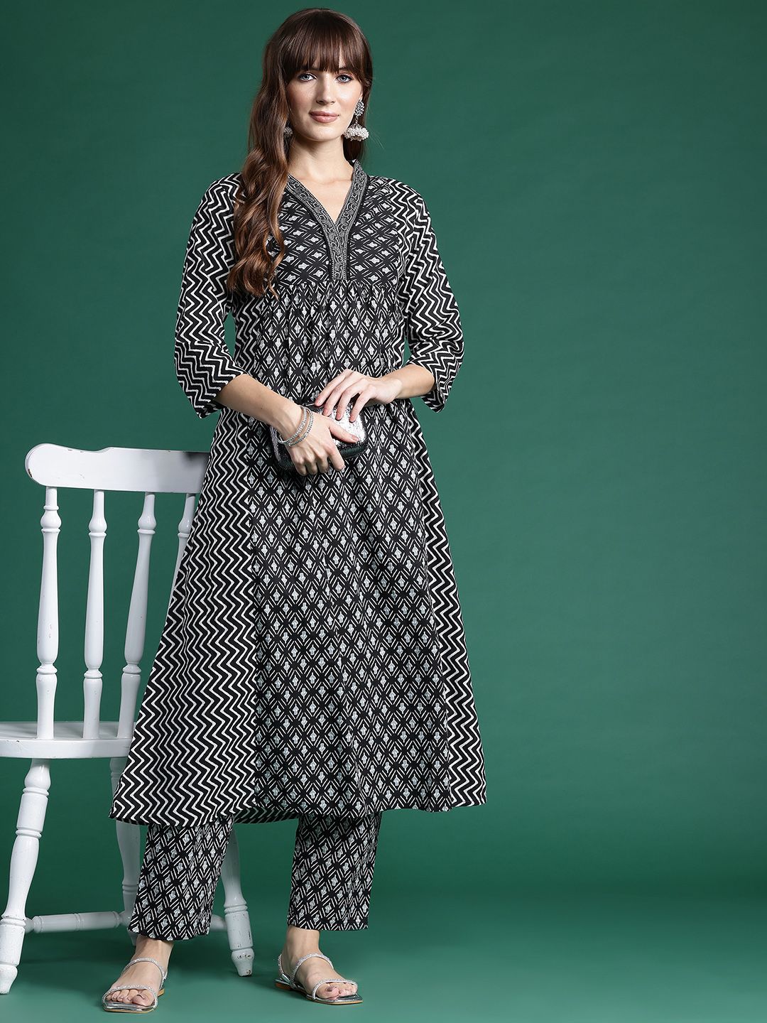 Printed Panelled Pure Cotton Kurta with Trousers