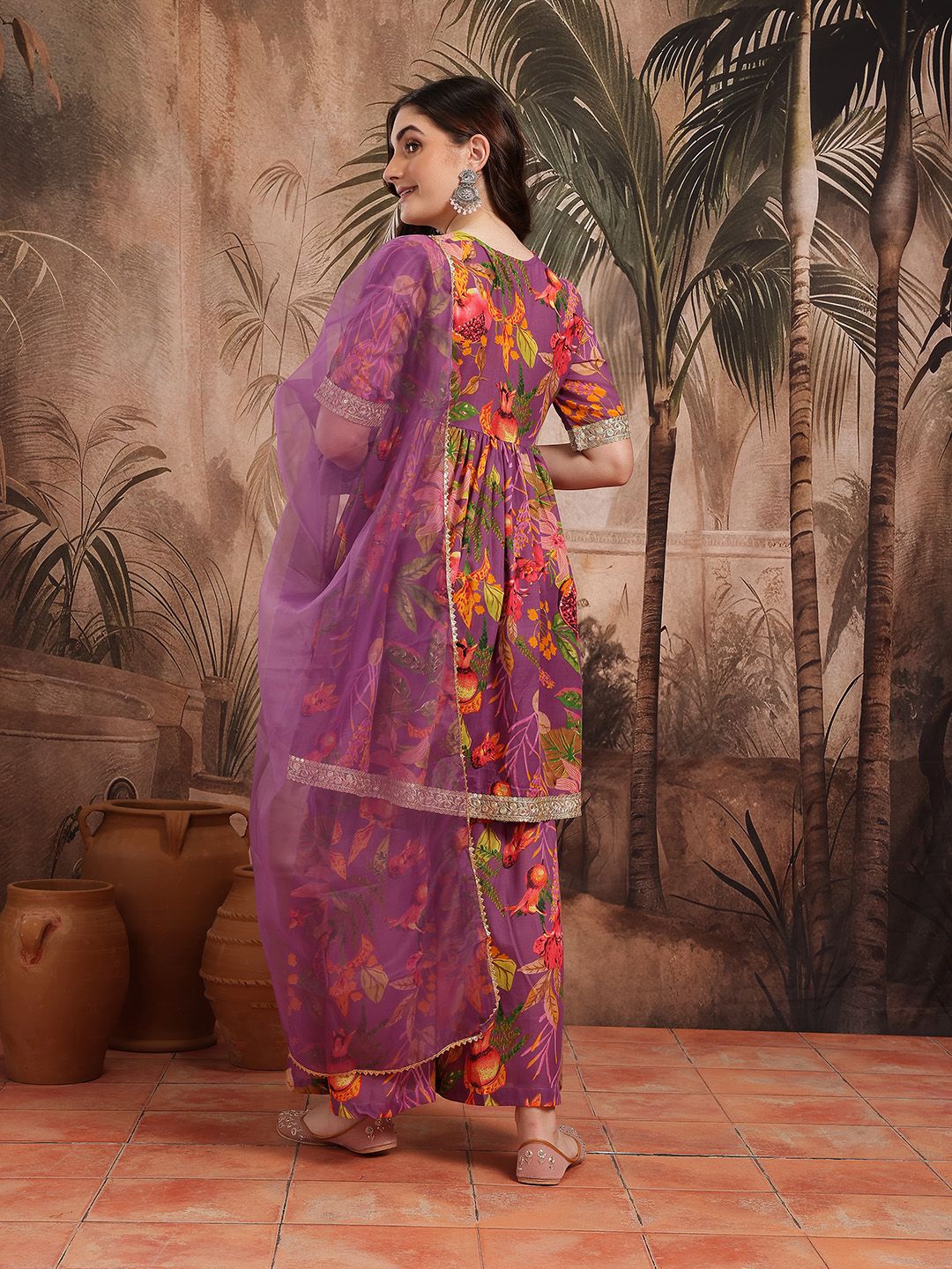 Dhiyona SN Women's Floral Print Gotta Patti Kurta with Sharara & Dupatta