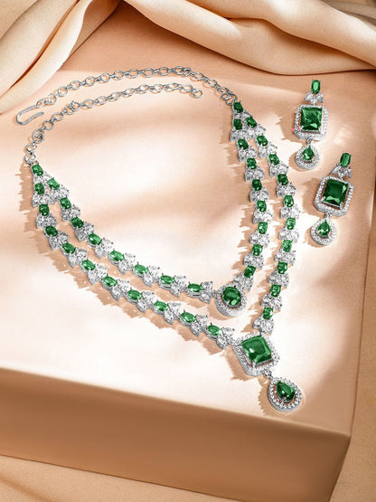 Dhiyona RJ Women's Rhodium-Plated Emerald Green & White Cubic Zirconia Studded Luxe Layer Necklace Set