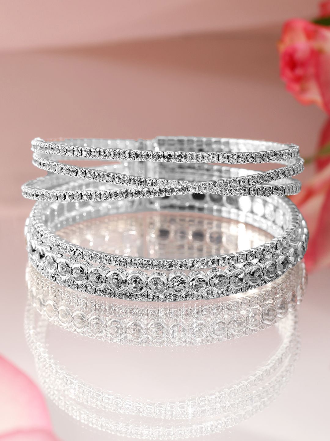 Dhiyona RJ Women's Rhodium-Plated Crystals Stone Studded Cuff Bracelet