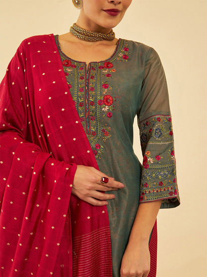 Dhiyona SO Women's Grey Floral Embroidered Layered Thread Work A-Line Kurta With Trousers & Dupatta