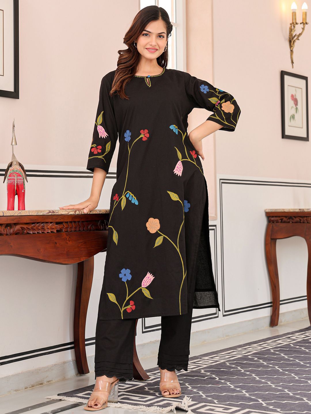 Floral Printed Pure Cotton Kurta With Trousers