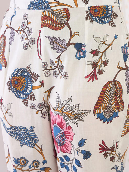Dhiyona IE Floral Printed V-Neck Pure Cotton Straight Kurta With Trouser