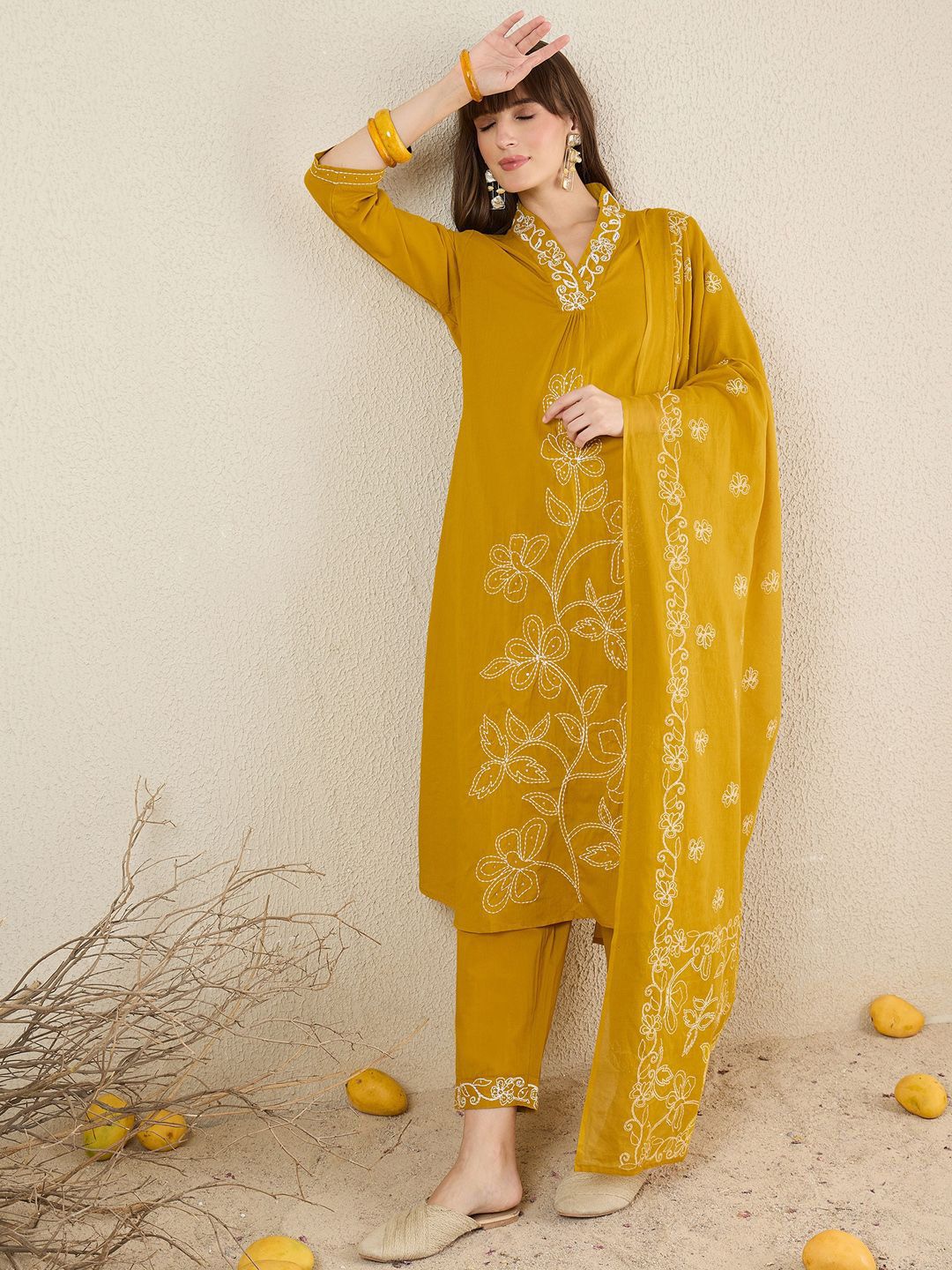 Dhiyona IE Women Solid Embroidered Cotton Kurta with Trousers & Dupatta