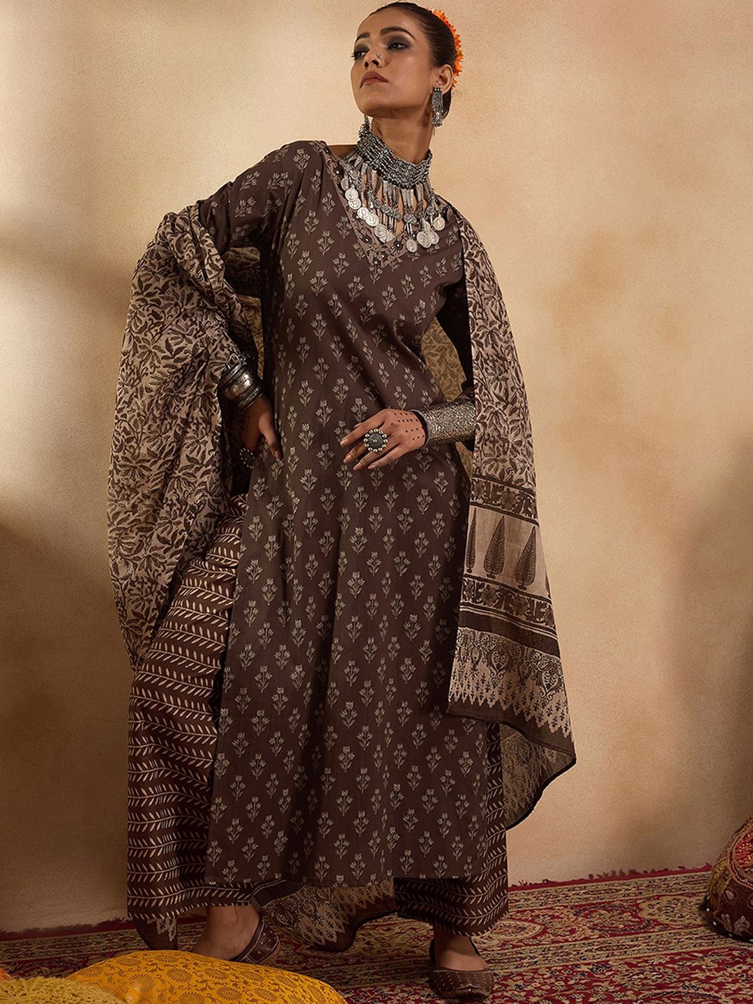 Ethnic Motifs Printed Pure Cotton Straight Kurta with Palazzos & Dupatta