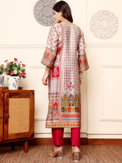 Dhiyona VA Women'sEthnic Motifs Printed Gotta Patti Notch Neck Chanderi Silk Kurta With Trousers