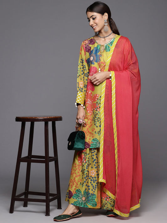 Dhiyona VA Women'sPrinted Regular Sequinned Kurta with Sharara & Dupatta