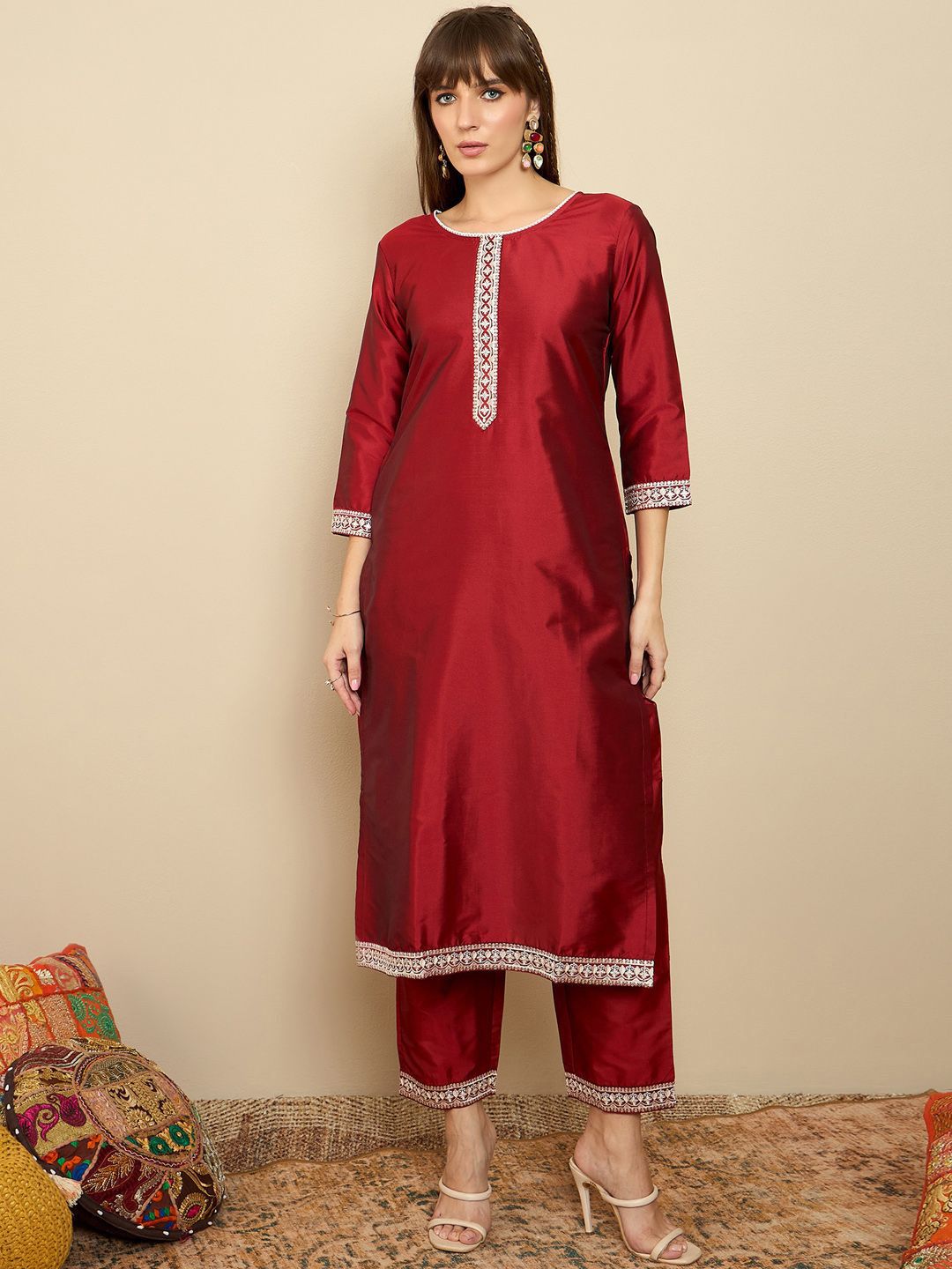 Straight Sequinned Kurta with Trousers & Dupatta