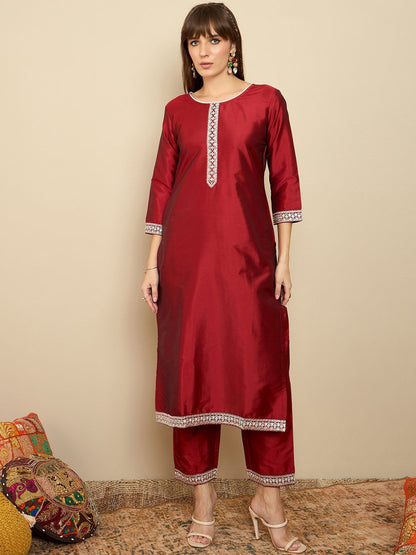 Straight Sequinned Kurta with Trousers & Dupatta