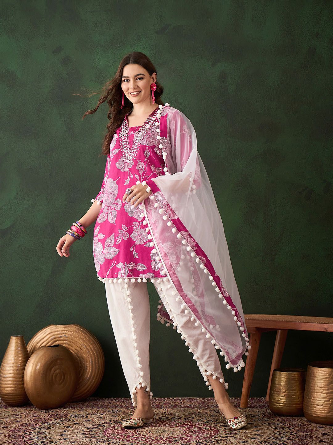 Dhiyona SN Women's Pink Floral Printed Mirror Work Straight Kurti With Dhoti Pants & Dupatta