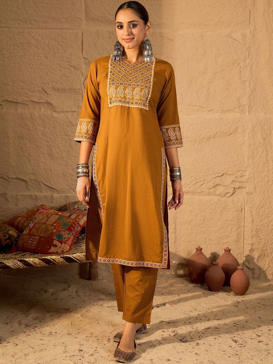 Floral Embroidered Mirror Work Pure Cotton Kurta With Trousers & Dupatta