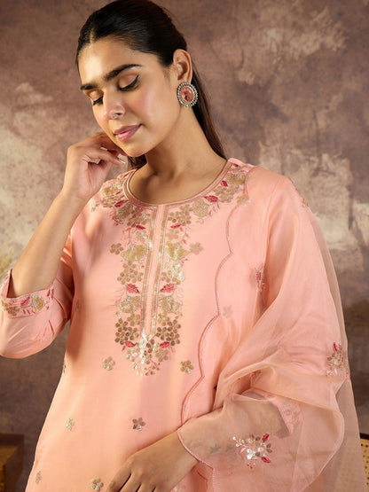 Women Floral Embroidered Round Neck Sequinned Kurta with Trousers & Dupatta