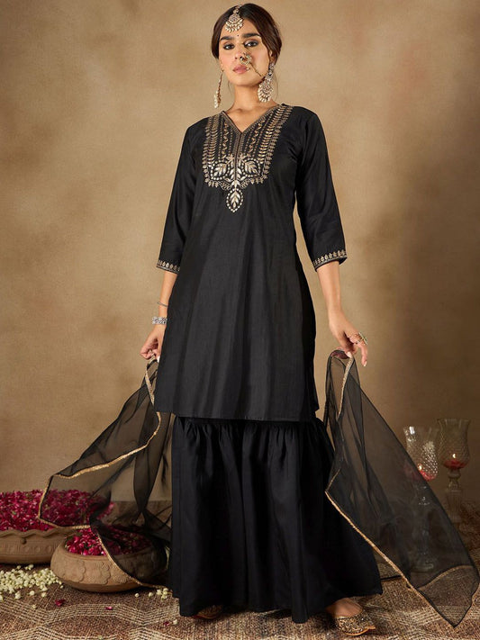 Dhiyona IE Women Ethnic Motifs Embroidered Regular Liva Kurta with Sharara & With Dupatta