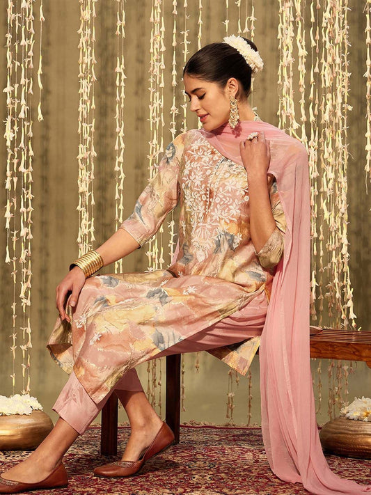 Dhiyona IE Floral Embroidered Round Neck Thread Work Straight Kurta with Trousers & Dupatta