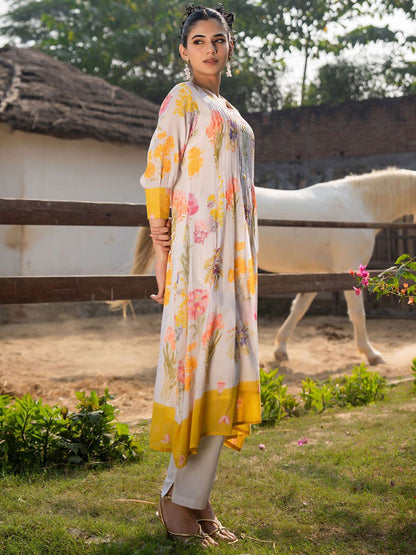 Floral Printed Round Neck Pleated Pure Cotton A-Line Kurta With Trouser
