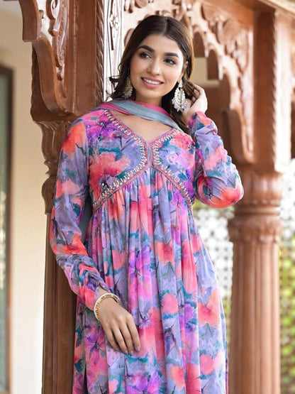 Dhiyona VA Women'sFloral Printed Mirror Embroidered Alia-Cut Gather Detail A-Line Kurta With Dupatta