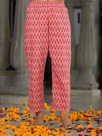 Dhiyona VA Women's Floral Printed Pleated Pure Cotton Kurta with Trousers & With Dupatta