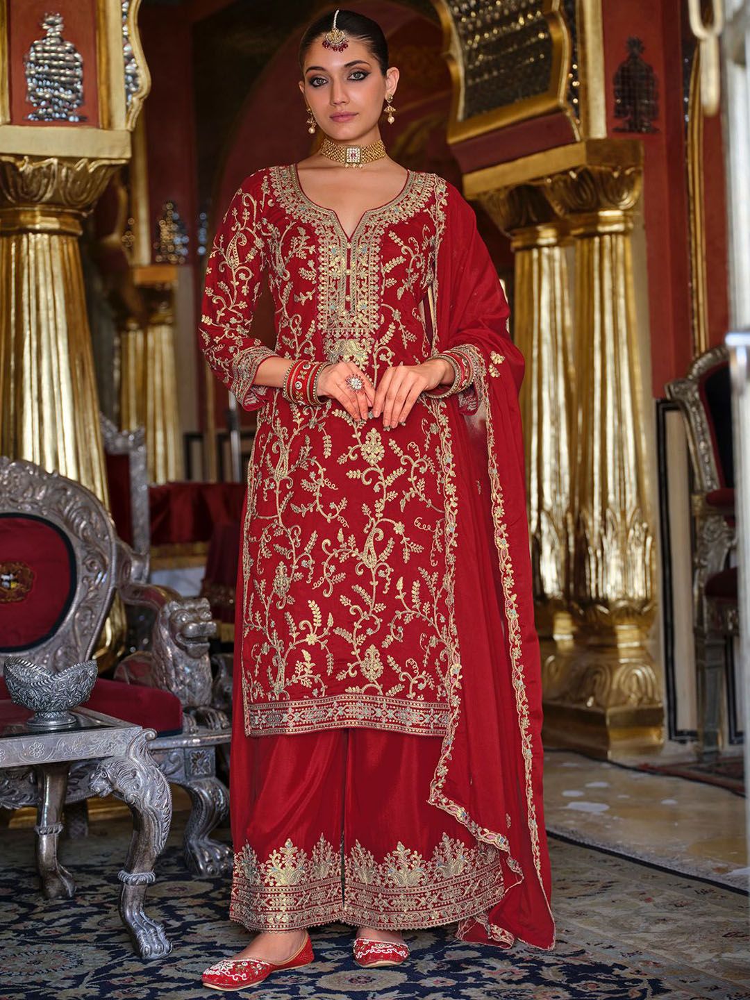 Ethnic Motifs Embroidered Sequinned Kurta with Palazzos & Dupatta