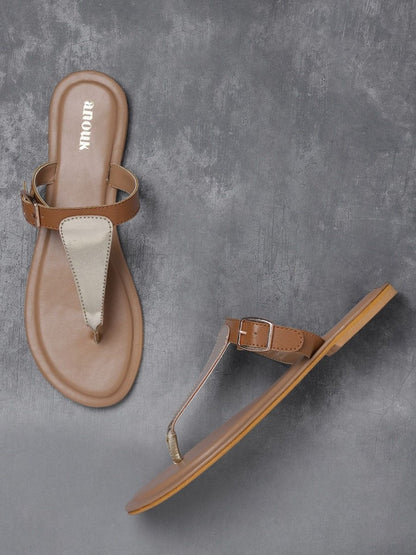 Dhiyona AK Women Gold-Toned & Brown Colourblocked T-Strap Flats