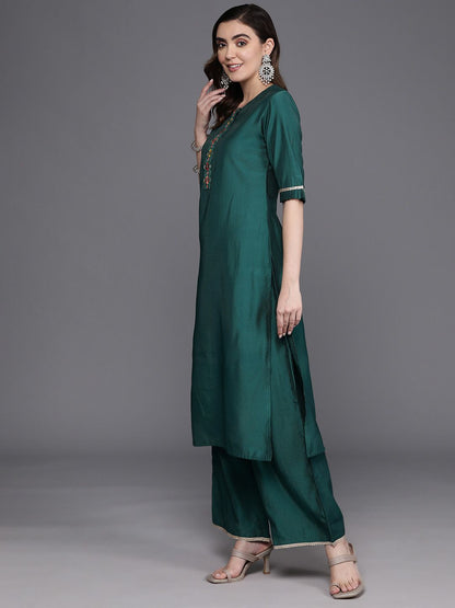 Dhiyona IE Floral Embroidered Regular Thread Work Liva Kurta with Palazzos & Dupatta