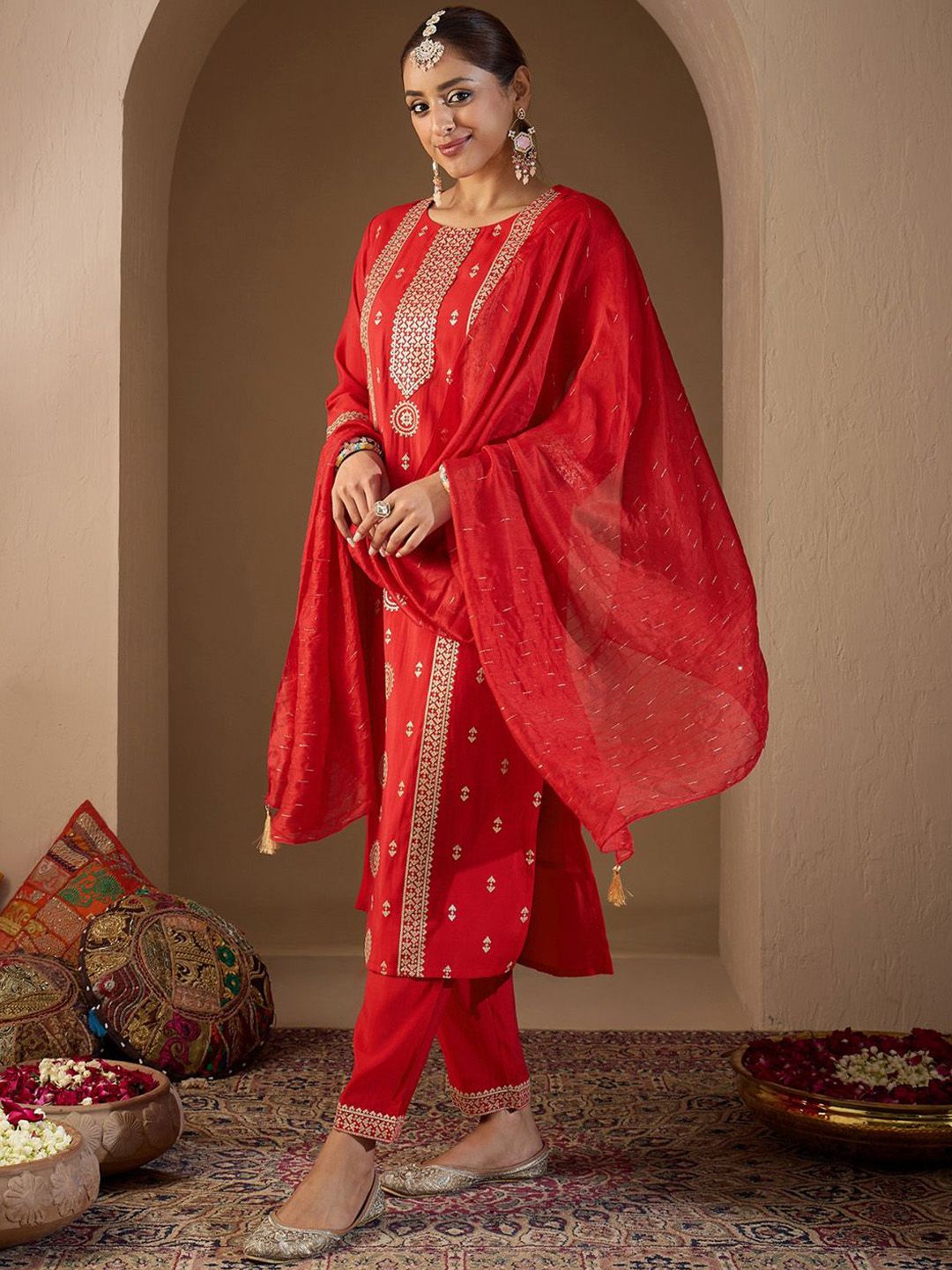 Dhiyona IE Women Ethnic Motifs Embroidered Regular Sequinned Kurta with Trousers & With Dupatta