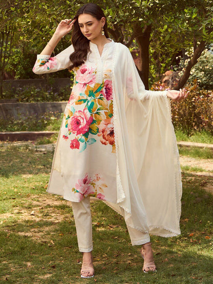 Dhiyona IE Round Neck Floral Printed Straight Kurta with Trouser & Dupatta