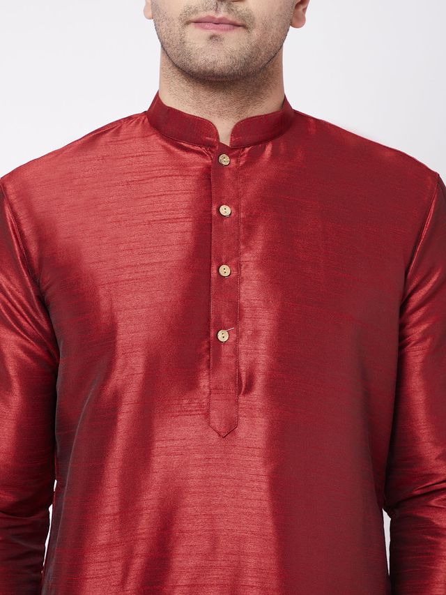 Men's Maroon Silk Blend Straight Kurta and Dhoti Set