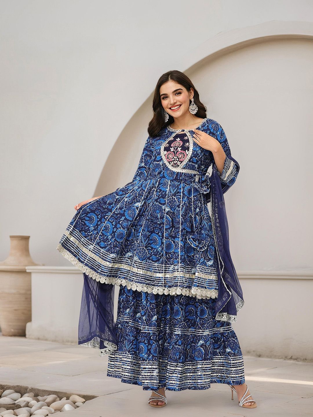 Dhiyona IS Women's Floral Printed A-Line Pure Cotton Gotta Patti Kurta with Sharara & Dupatta