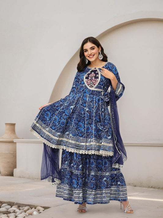 Dhiyona IS Women's Floral Printed A-Line Pure Cotton Gotta Patti Kurta with Sharara & Dupatta
