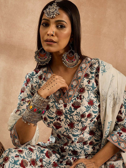 Dhiyona IE Women Floral Printed Regular Pure Cotton Kurta with Trousers & With Dupatta