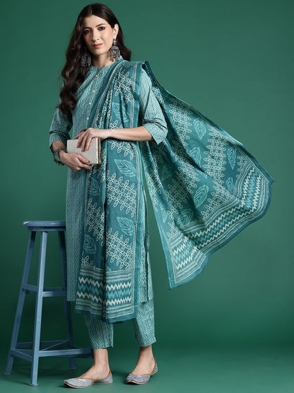 Women Printed Regular Pure Cotton Kurta with Trousers & With Dupatta